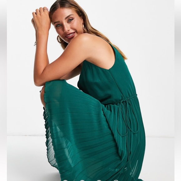 ASOS DESIGN pleated cami midi dress with drawstring waist in forest green sz 10 - Picture 4 of 9